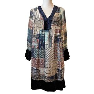 Baci For Sundance Boho Patchwork Print with Velvet Blue Trim Silk Blend Dress
